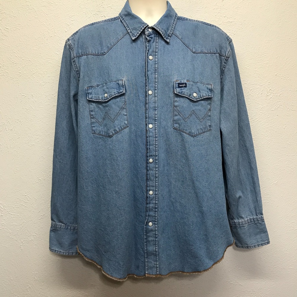 Wrangler Denim Shirt Mens XL Blue Long Sleeve Pearl Snap Western Classic Cotton